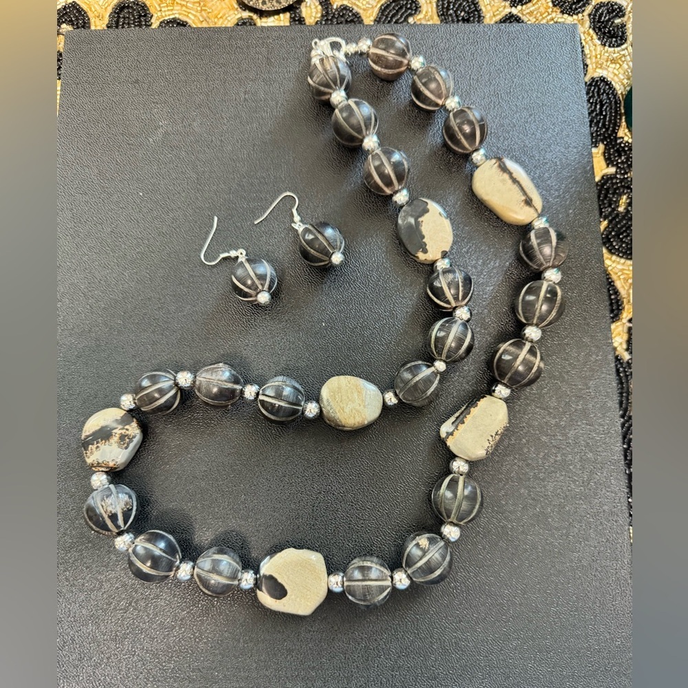 Handmade Jasper Natural Stone & Vintage Carved Horn Beaded Jewelry Set